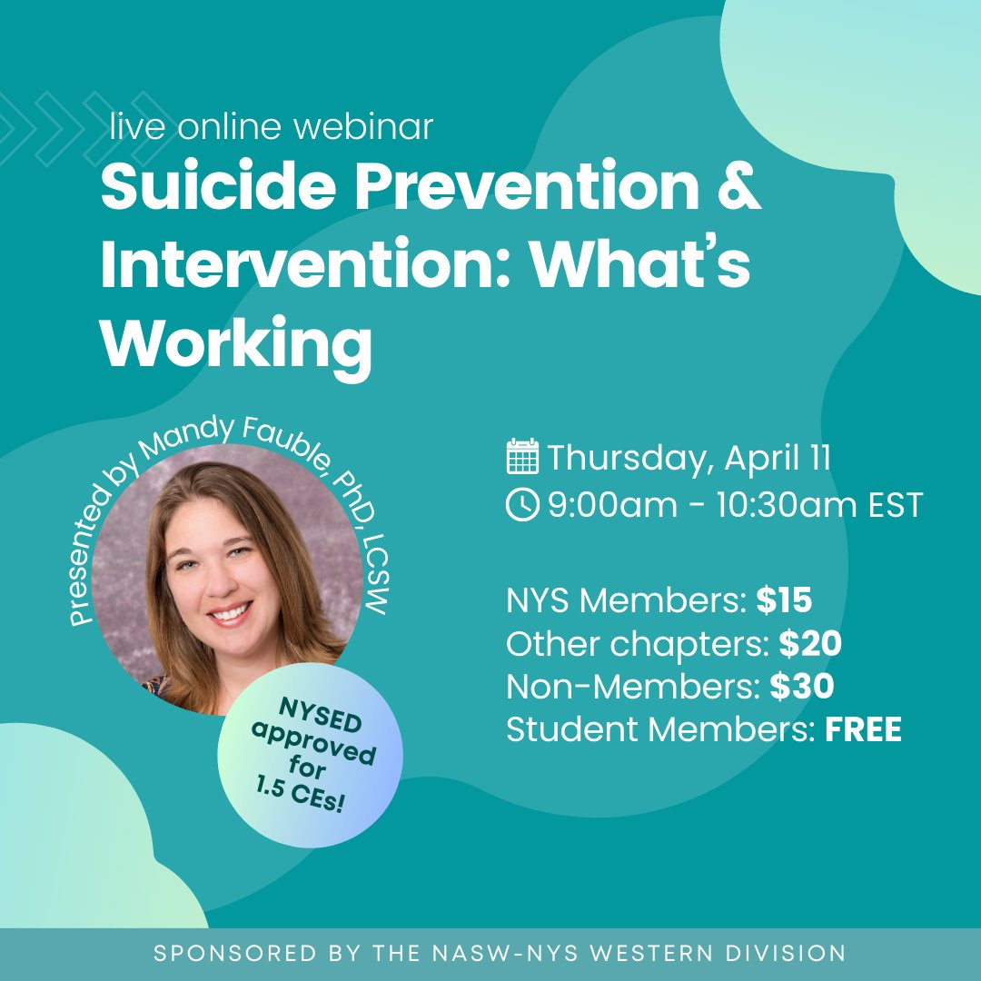 Join the NASW-NYS Western Division to learn more about suicide prevention and intervention! Visit tinyurl.com/5n7x3whw to register! #NASW #NASWNYS #SocialWork #SocialWorker #SocialWorkers #SuicidePrevention #MentalHealth