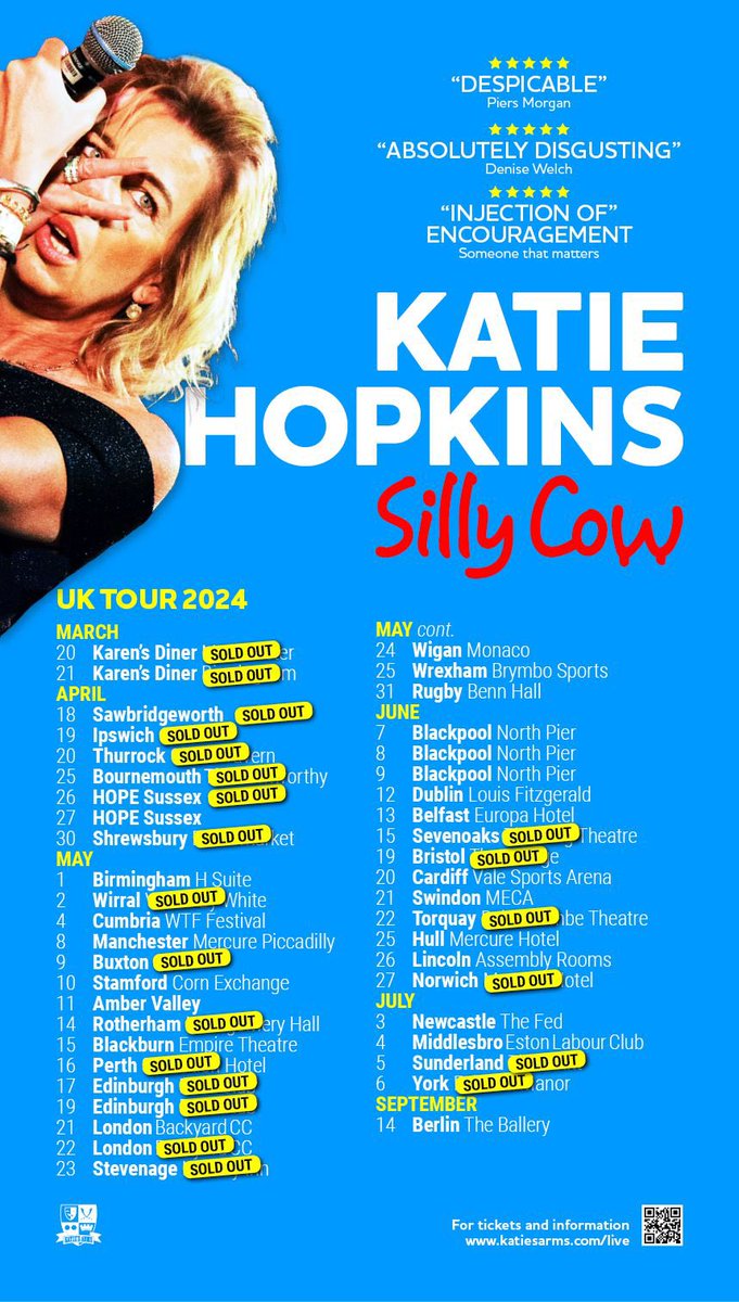 What an amazing journey. Thank you to our family on the road. Fighting to FREE SPEECH .. one venue at a time. Come join us: laugh AT me, with us. Feel better. MANCHESTER. BIRMINGHAM. WIGAN.. & more katiesarms.com