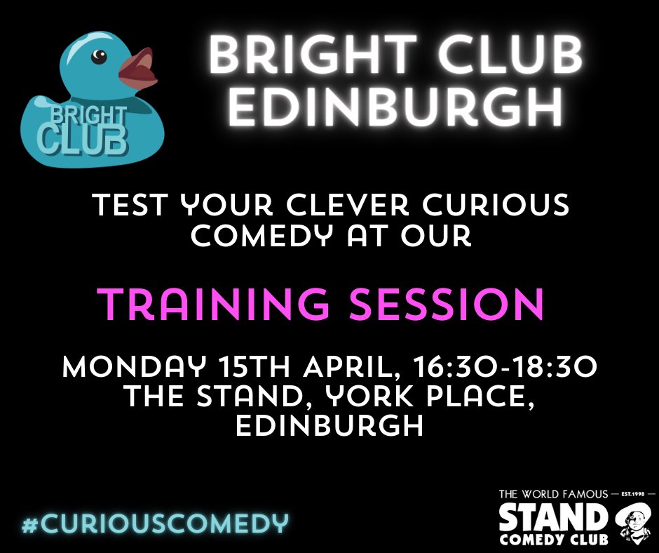 Our next training session is Monday 15th April 4.30-6.30pm for April &amp; May shows. Got something funny to say about your expert area? OF COURSE YOU DO! please email us brightclubedin@gmail.com for more info on your topic!