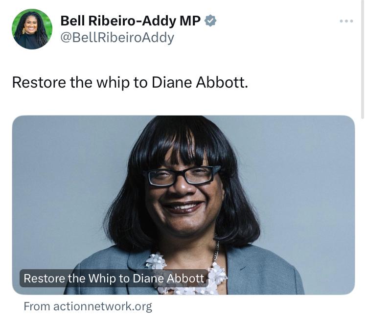 MP for Streatham @BellRibeiroAddy backing the campaign to #RestoreTheWhip to another anti-austerity voice in @HackneyAbbott you can add your signature to the petition here: actionnetwork.org/petitions/rest…