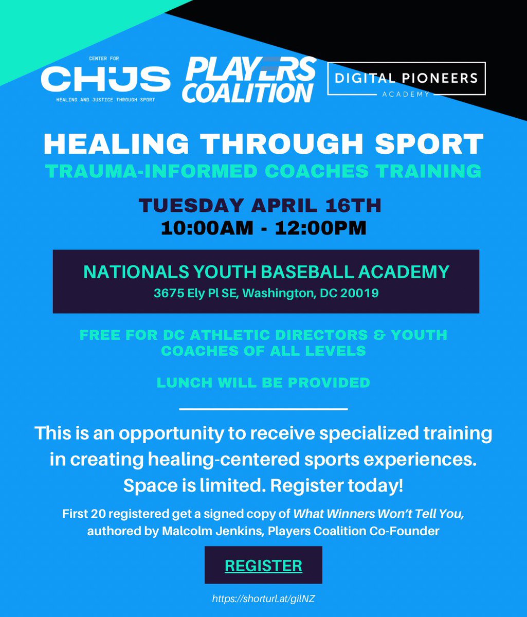 We are co-hosting a 2-hour trauma informed coaches training for #DMV area youth coaches, athletic directors, and rec leaders. The training will help  create healing centered spaces for their athletes through sport. Register at rb.gy/lw0ziq. Spread the word!