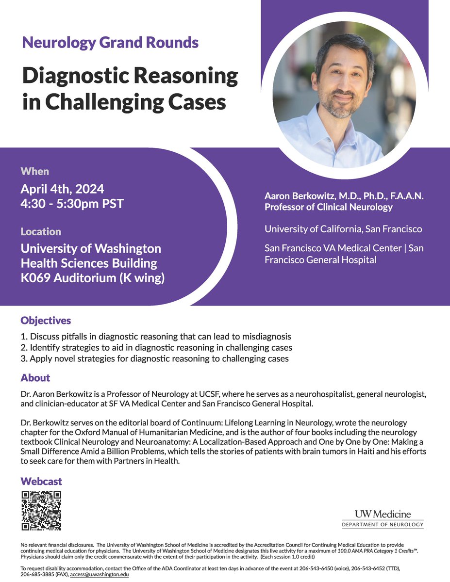 Join us today IN PERSON or online for @UWNeurology Grand Rounds - Dr. Aaron Berkowitz, Professor of Clinical Neurology, UCSF Topic: Diagnostic Reasoning in Challenging Cases depts.washington.edu/neurolog/semin…………………………………… @UWMedNSI @uwpedsneuro @UWMedicine