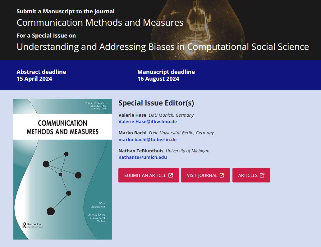 📍 Deadline for our Special Issue on 'Understanding & Addressing Biases in Computational Social Science' in @cmmjournal approaching (April 15th) #CSS 👉CfP: think.taylorandfrancis.com/special_issues… 📩 Shoot us (@Bachl, @groceryheist or me) a message if you have any questions!