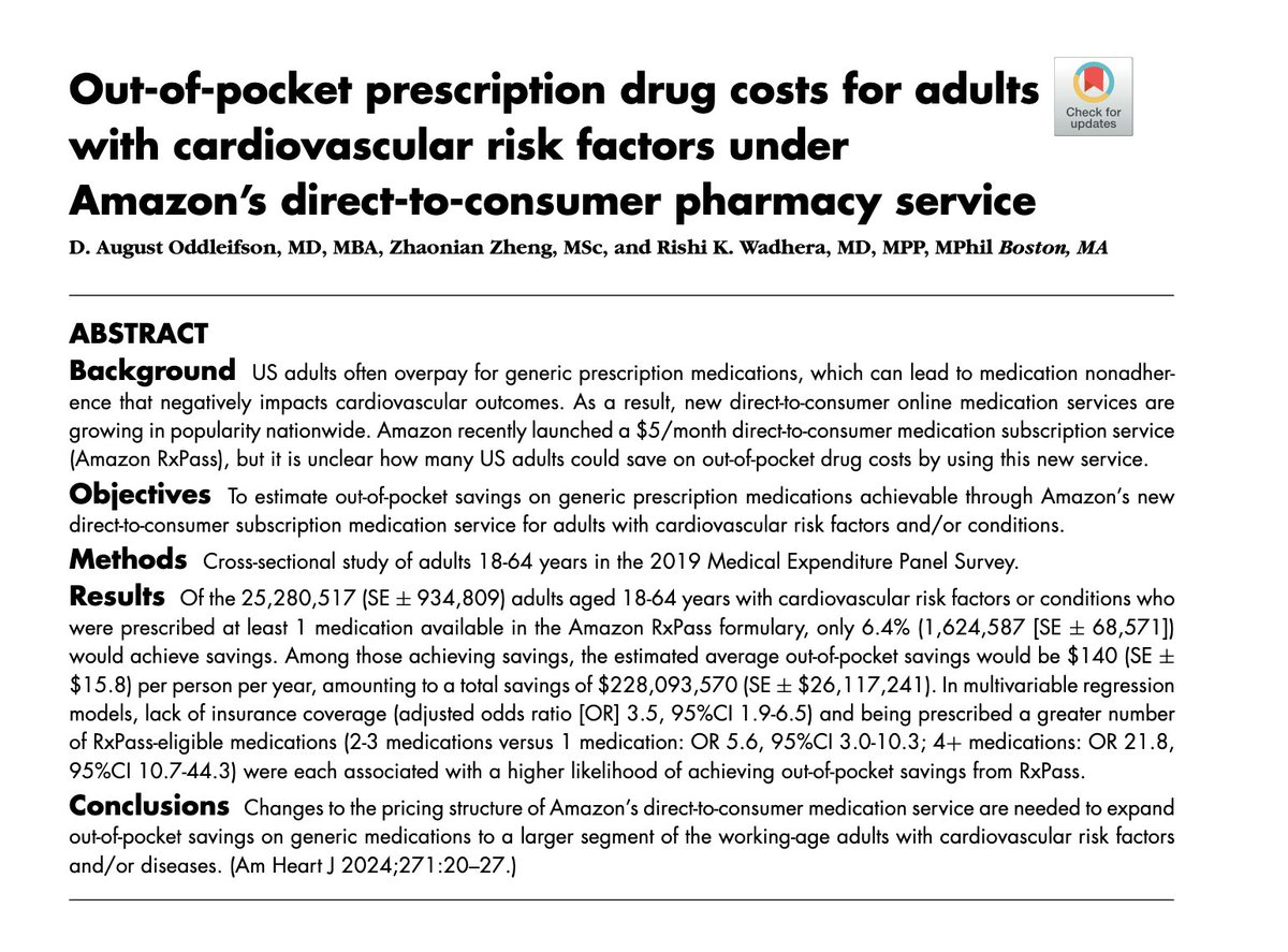 Direct-to-consumer pharmacies have the potential to ⬇️out-of-pocket medication costs Our @AmericanHeartJ study explores how Amazon's prescription drug service (RxPass) could impact out-of-pocket costs for eligible adults w/ cardiovascular risk factors. bit.ly/43SROHy