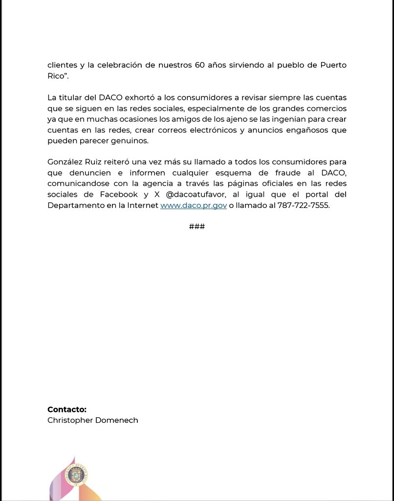 DACO (@dacoatufavor) on Twitter photo 🚨 <a href="/dacoatufavor/">DACO</a> y <a href="/tiendascapri/">Tiendas Capri</a> hacen llamado a los consumidores a estar alertas por esquema de fraude en redes sociales utilizando el nombre del comercio.
#Alerta #DacoTeProtege #DacoInforma <a href="/lafortalezadepr/">La Fortaleza</a> 🚨 <a href="/dacoatufavor/">DACO</a> y <a href="/tiendascapri/">Tiendas Capri</a> hacen llamado a los consumidores a estar alertas por esquema de fraude en redes sociales utilizando el nombre del comercio.
#Alerta #DacoTeProtege #DacoInforma <a href="/lafortalezadepr/">La Fortaleza</a>