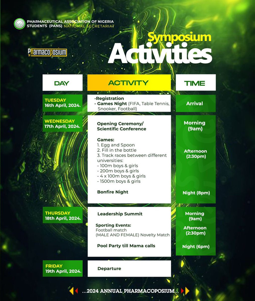 You’ve been hearing about the forthcoming 2024 PANS Annual Pharmacoposium but have you heard about what we are cooking for you??👨‍🍳👩‍🍳 Well, here is what N8,000 would offer you🤩👇: Tuesday (16th April: Arrival) 🔹Registration✍️ 🔹🎮Games Night (FIFA, PES, Table Tennis🏓, Snooker)