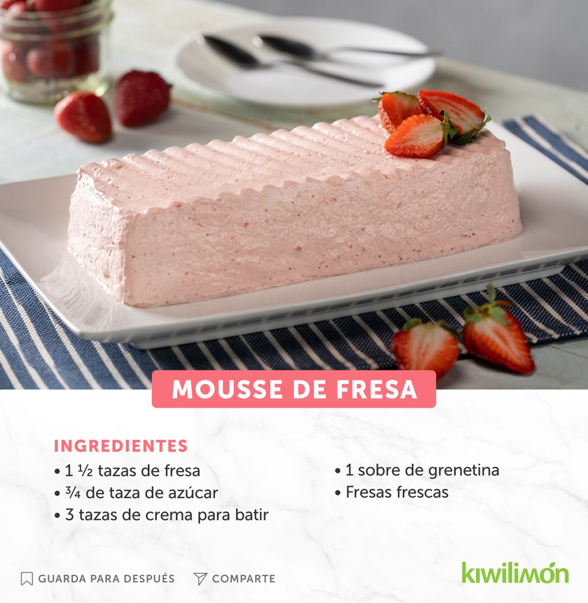 ¿Quieres preparar un postre fácil y rápido? Te invitamos a hacer este delicioso mousse de fresa. ¡Guarda la imagen y anímate a cocinar! 😋👇

Y si quieres la receta completa, aquí te la dejamos: bit.ly/2XiOGGO