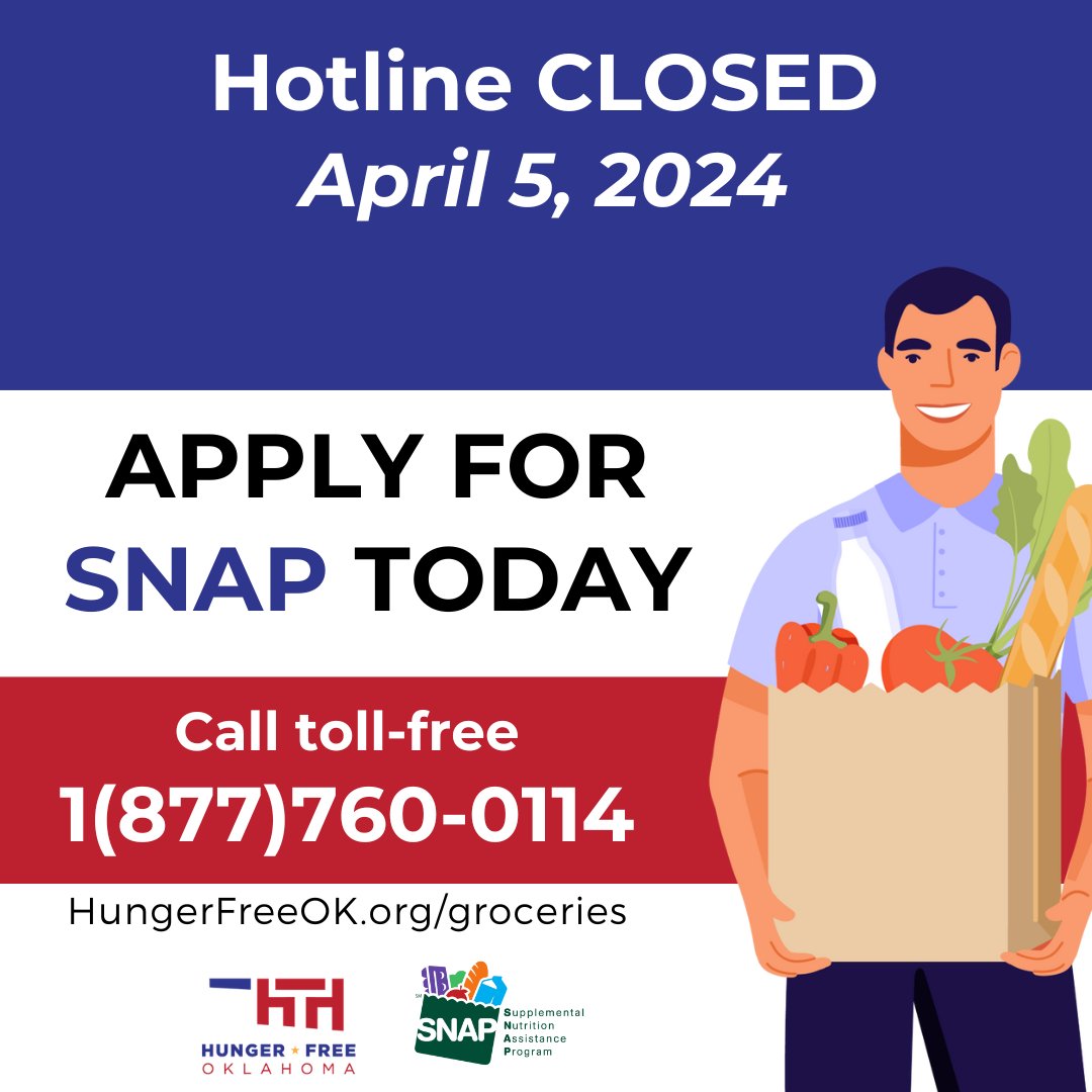 The SNAP Hotline is closed Friday, April 5 for a team event. In the meantime, learn if you qualify for food assistance by calling 1-877-760-0114 or by visiting HungerFreeOK.org/groceries.  #EndHungerInOK