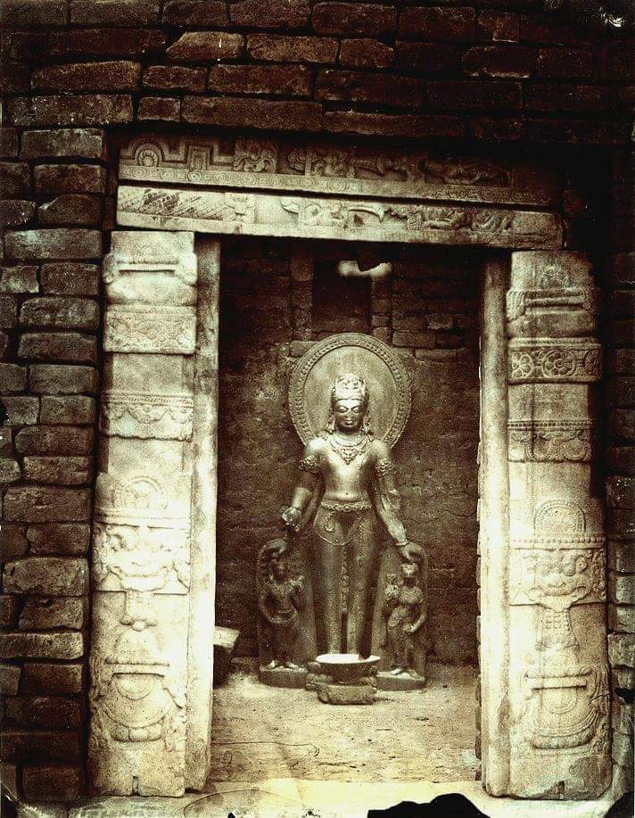 Photograph of a statue of Vishnu inside a ruined temple at Damdama, Hazaribag District, taken by Joseph David Beglar around the 1870s which forms part of the Archaeological Survey of India Collections (Indian Museum Series). Source: BIHAR THROUGH THE AGES