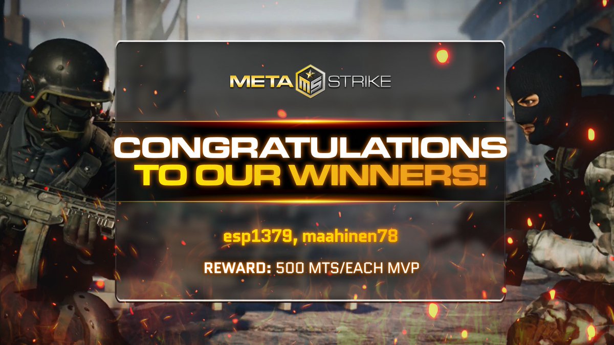 🎉 Congratulations to the winners of #Metastrike Weekly #Tournament!! 🏆 A special shoutout goes to our MVPs for their outstanding performance and leadership on the battlefield. 🚀 Stay tuned for thrilling battles, and exciting prizes! ______________________ 📢 Join