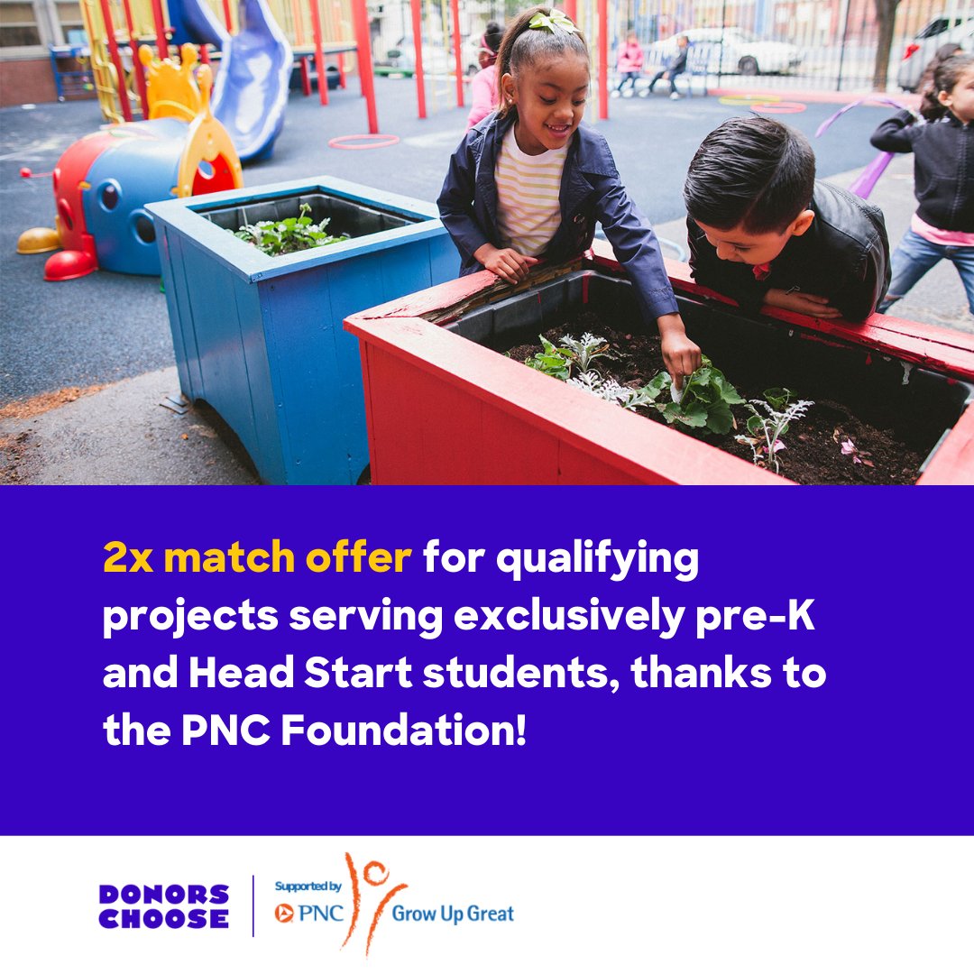 Our friends at @PNCBank are DOUBLING donations for qualifying projects serving pre-K and Head Start students in select areas. Plus, qualifying projects engaging pre-K students in outdoor learning will receive an extra boost! Support a classroom: donorschoose.org/donors/search.…