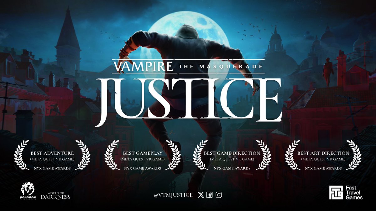 We're honoured to share that Vampire: The Masquerade - Justice has won FOUR awards in the 2024 @nyxgameawards! 🙌 🏆 Meta Quest VR Game - Best Adventure 🏆 Meta Quest VR Game - Best Gameplay 🏆 Meta Quest VR Game - Best Game Direction 🏆 Meta Quest VR Game - Best Art Direction…