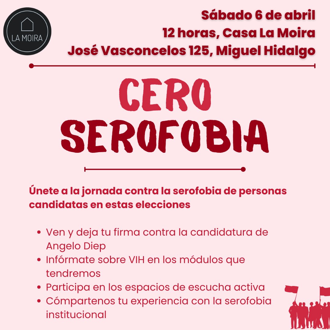 #CeroSerofobia
El sábado únete a la jornada contra la serofobia que se llevará a cabo en <a href="/casalamoira/">Casa La Moira</a>, en José Vasconcelos 125, Miguel Hidalgo

#CeroSerofobia de las personas que aspiran a un cargo de elección popular

<a href="/VIHveLibre/">VIHve Libre</a> <a href="/Transcontingnta/">TRANS CONTINGENTA</a> @TransPrideWorld @LatribuAC