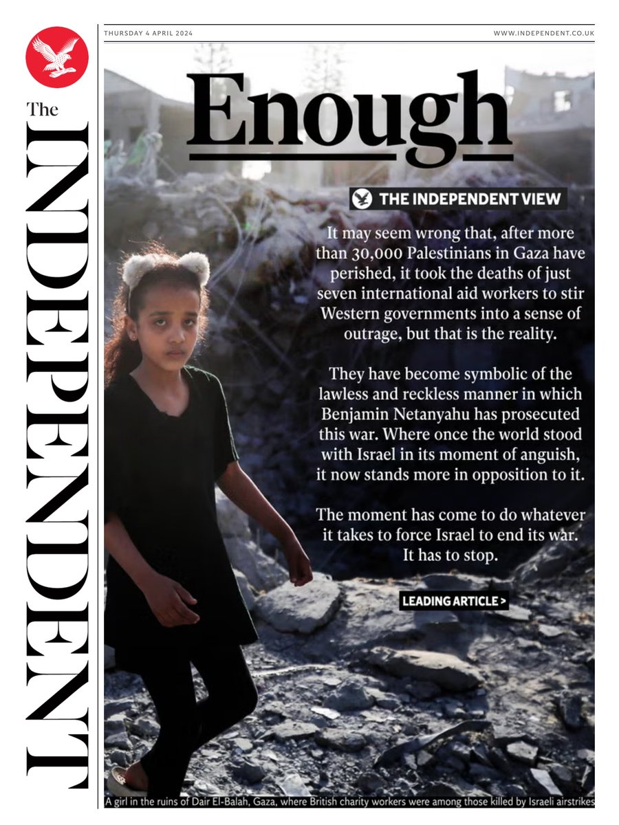 periodistan_'s tweet image. Esta es la tapa de hoy de "The Independent", en Inglaterra.

Israel mató 32.000 personas en 6 meses. Incluyendo 13.000 niño/as. Un genocidio televisado.
Pero tuvo que matar a seis trabajadores de una ONG occidental para que le digan que es suficiente (enough).
Así es el mundo...