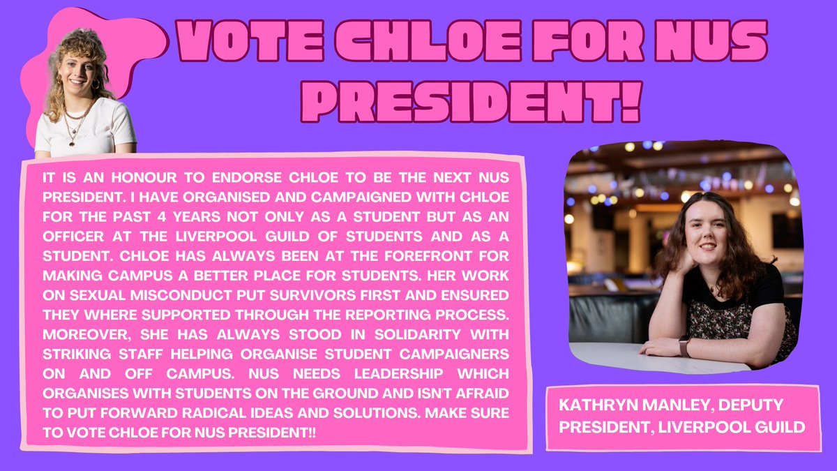 💥ENDORSEMENT💥 Since meeting @VicePresKathryn on UCU picket lines in 2019 (?!) it has been a pleasure to work with her, at Liverpool, fighting on the ground for student issues whether thats solidarity with trade unions, tackling sexual violence or cheaper rents