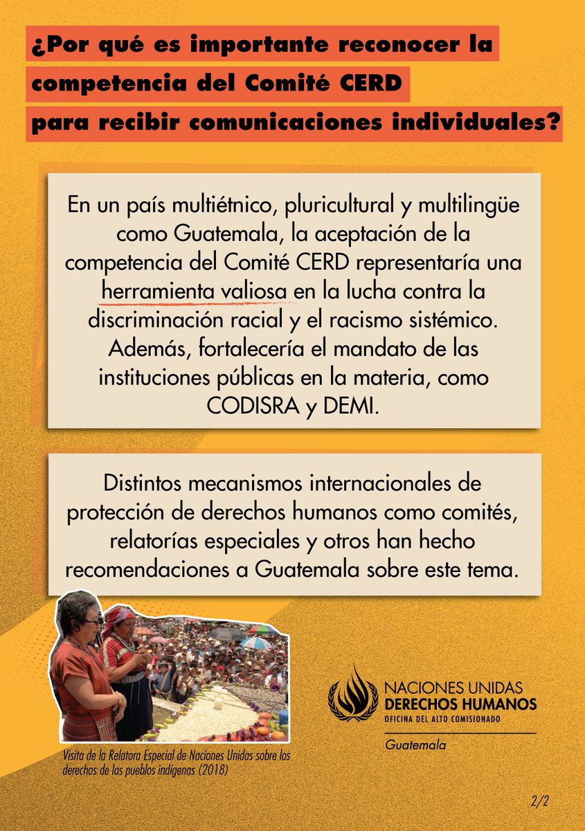Guatemala tiene pendiente aceptar la competencia del Comité para la Eliminación de la Discriminación Racial #ComitéCERD para recibir comunicaciones de personas cuyos derechos han sido vulnerados. ¿De qué se trata y por qué es importante? Te lo contamos ohchr.org/es/treaty-bodi…