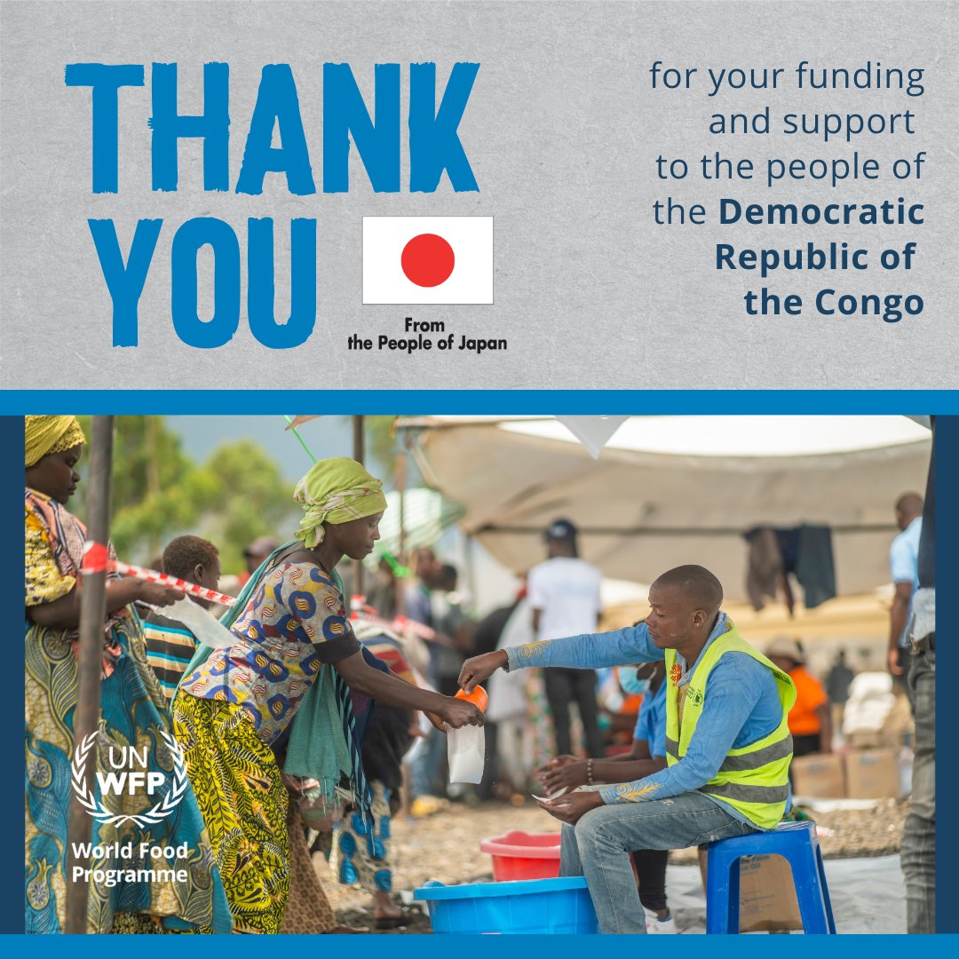 #ThankYouThursday to @Japon_RDCongo 🇯🇵 for its contributions of around US$ 10.4 million to provide emergency food and nutrition assistance to families displaced in eastern #DRCongo 🇨🇩 and investing in future generations by supporting @WFP school meals in Kasai and Kasai Oriental