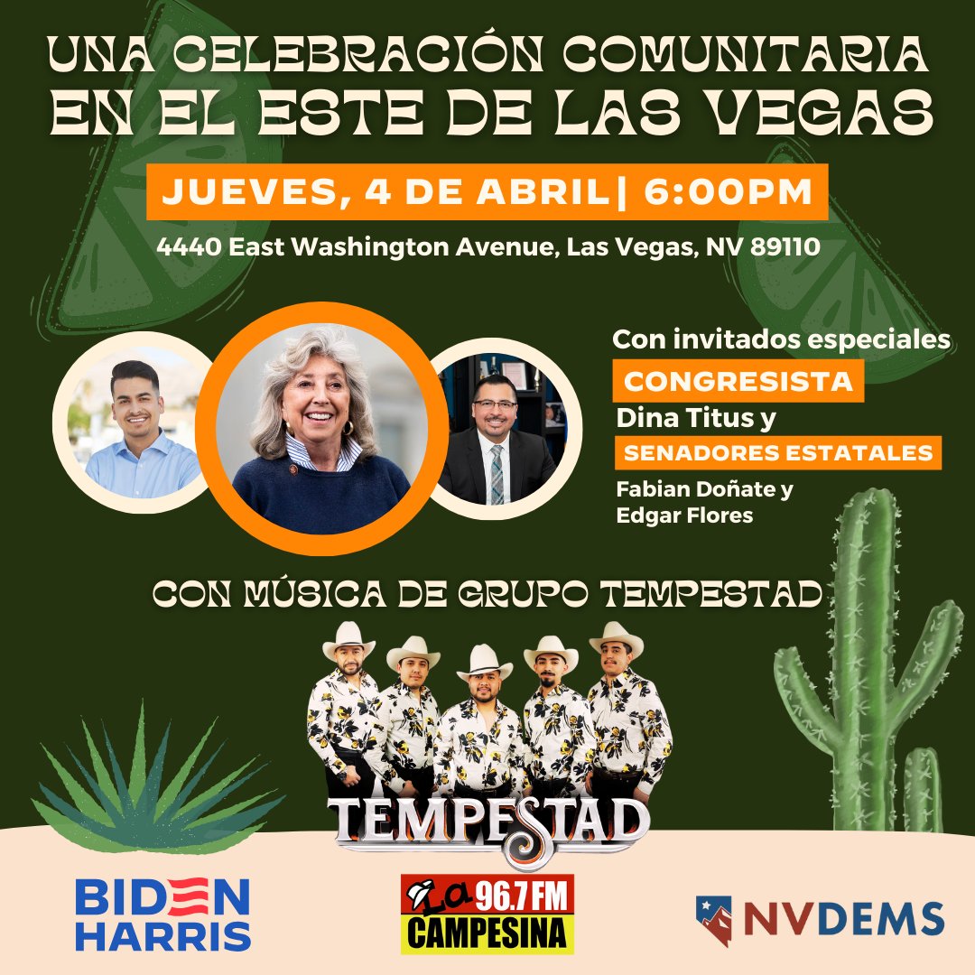 ¡Juntese con @nvdems y @BidenHQ hoy a las 6 p.m. en el Este de Las Vegas para nuestra inauguración de oficina! 🎉 Con música en vivo de Grupo Tempestad y comida, estamos movilizando a los votantes latinos en Nevada.