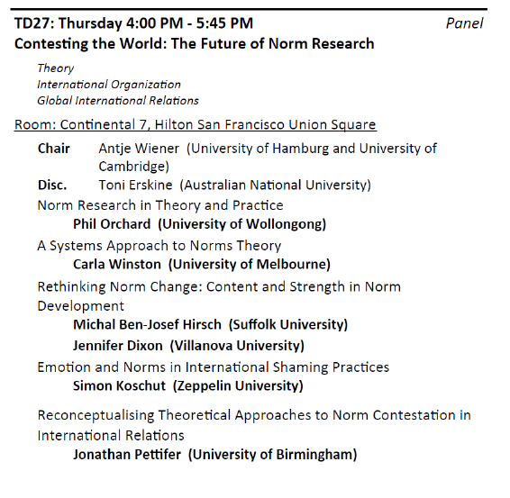 Today at #ISA2024 @antje_wiener and I are presenting our new edited volume Contesting the World: Norm Research in Theory and Practice with @Carla_Winston, Jennifer Dixon & Michal Ben-Josef Hirsch, @SimonKoschut, Jonathan Pettifer, & @toni_erskine as discussant. #normcontestation