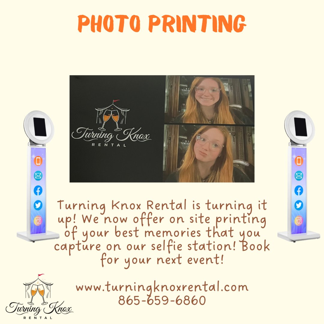 Turning Knox Rental is turning it up! We now offer on site printing of your photos you capture on our selfie machine! Book for your next event! 

turningknoxrental.com 
865-659-6860