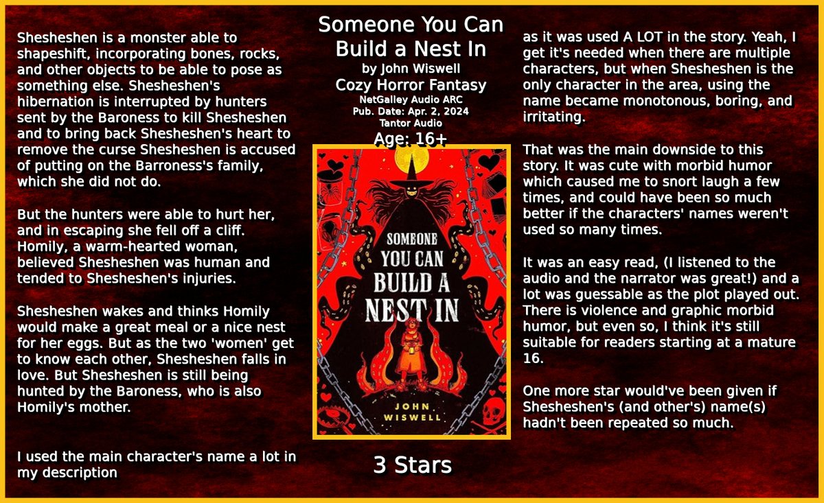 Someone You Can Build a Nest In by John Wiswell #Cozy #Horror #Fantasy @NetGalley Audio ARC Pub. Date: Apr. 2, 2024 Tantor Audio Age: 16+ 3 Stars #SomeoneYouCanBuildaNestIn #BookTwitter #bookblogger #bookworm #BookBlogging #bookreviews #ilovebooks #bookaddict #NetGalley