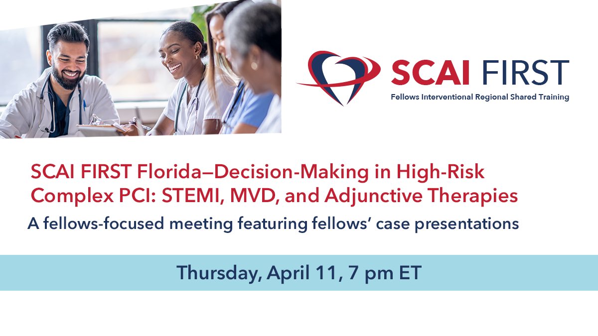 #Florida #InterventionalCardiology Fellows: Don’t miss the <a href="/SCAI/">SCAI</a> First fellows-focused event on Thursday, April 11, discussing how to avoid complications and manage those that arise.
➡️ Register Now: scaipro.scai.org/URL/SFfl2324

➡️ Submit Your Case: 
bit.ly/SCAIFirstCases