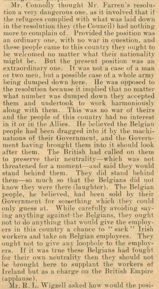 The same debate 110 years apart. James Connolly outlines his humanitarian objections to refugees (from Belgium) coming to Ireland due to the impact it would have on Irish society.