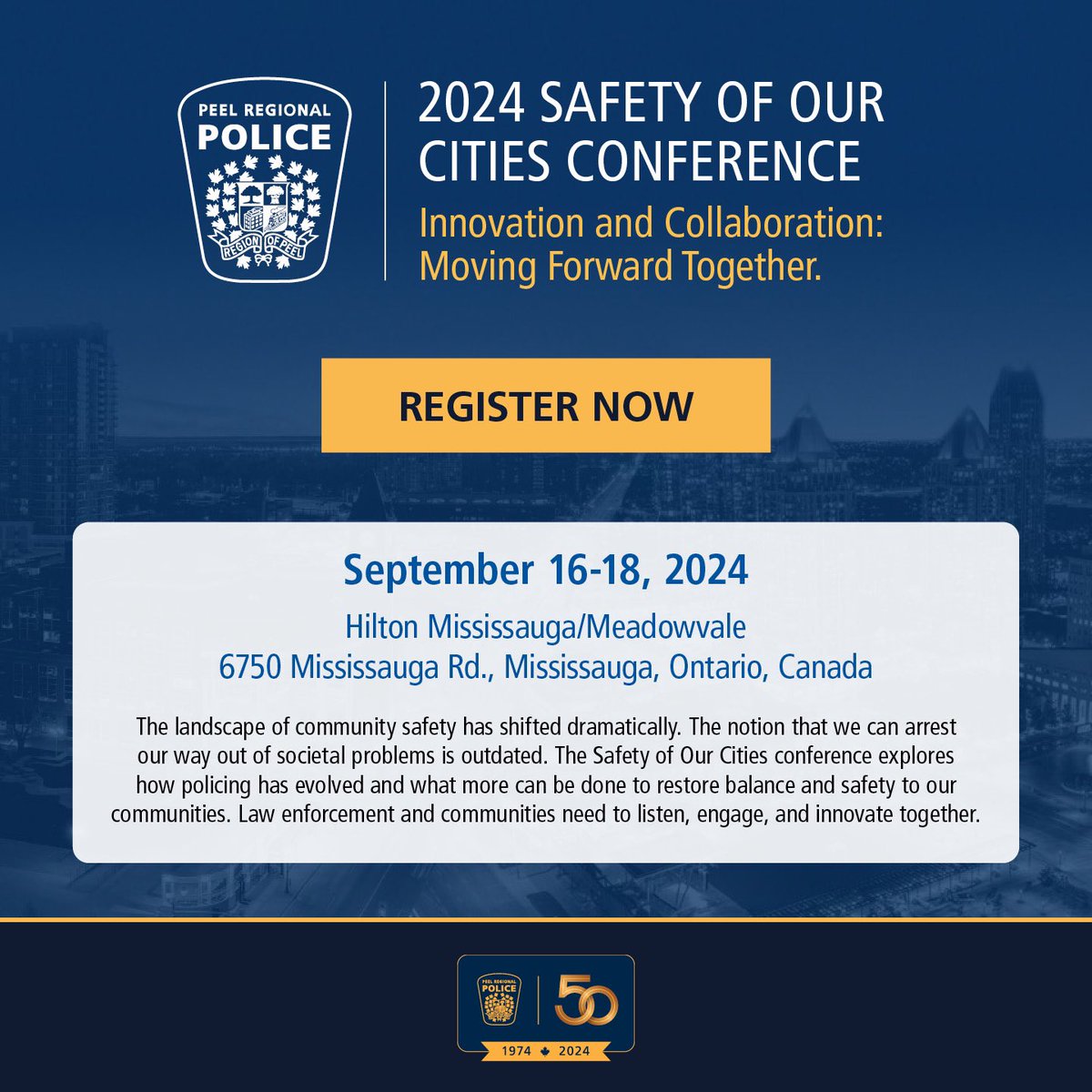 ChiefNish's tweet photo. Join us for the 2nd Annual Safety of our Cities Conference: Sept 16-18th.#SafetyofOurCities explores transformation of addressing community safety & well-being. Call for Proposals & Registration now open: https://t.co/Kmq1Ba089z #PRP #OACP #MCCA https://t.co/gMtGB1od33