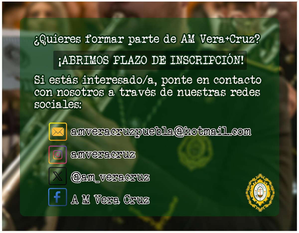🟢 | 𝗔𝗕𝗜𝗘𝗥𝗧𝗢 𝗣𝗟𝗔𝗭𝗢 𝗗𝗘 𝗜𝗡𝗦𝗖𝗥𝗜𝗣𝗖𝗜𝗢𝗡

¿Te gustaría aprender a tocar un instrumento y formar parte de nuestra Agrupación? 

Volvemos a abrir el plazo de inscripción para formar parte de nuestra Agrupación.