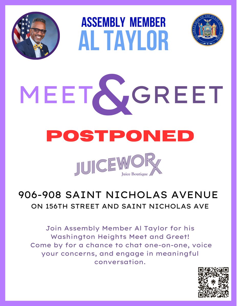 My Washington Heights meet and greet will be postponed until further notice. However, I will be hosting a Listening Tour on April 11th from 6:00 pm to 8:00pm at the Polo Grounds. I look forward to seeing you there!