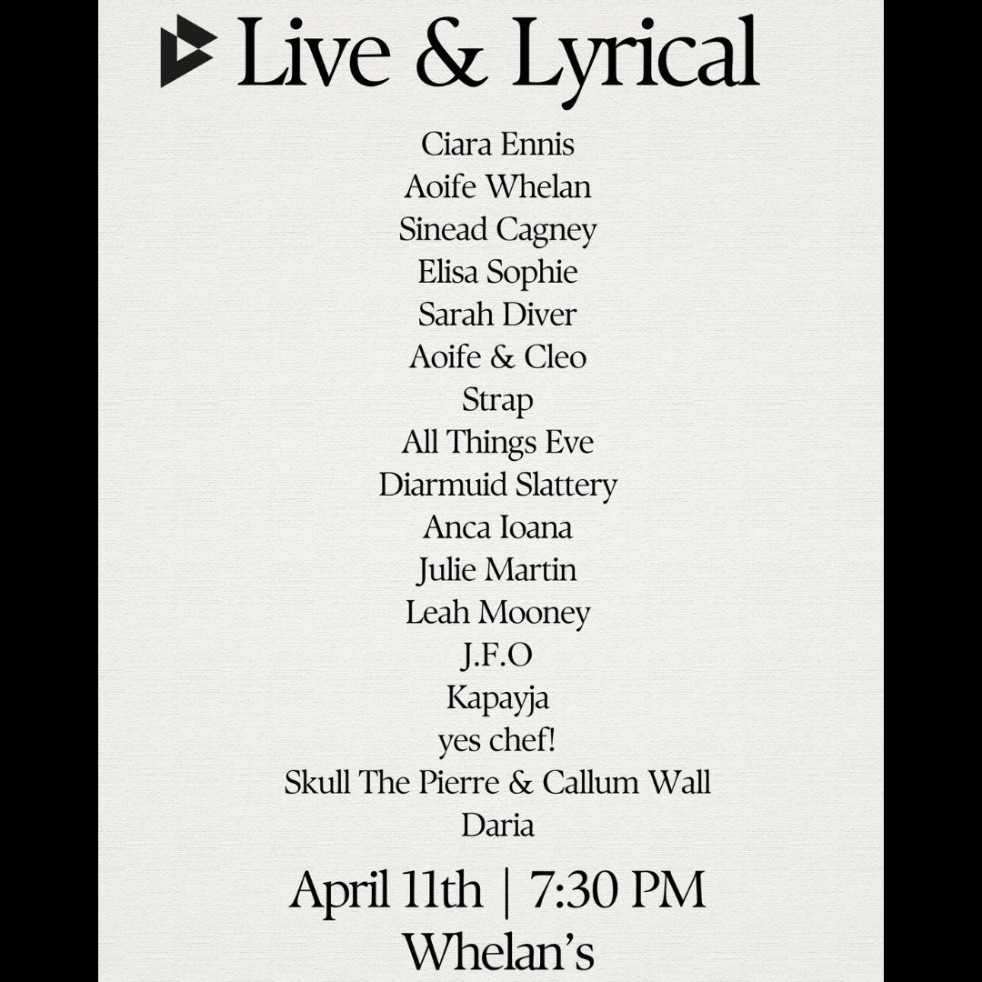 LIVE & LYRICAL LINE UP 🎉 Live & Lyrical returns to Whelan's on April 11th! Admission is free for current BIMM students and graduates and €5 general admission for everyone else. This is an over 18s event and security will check ID. Get down early!