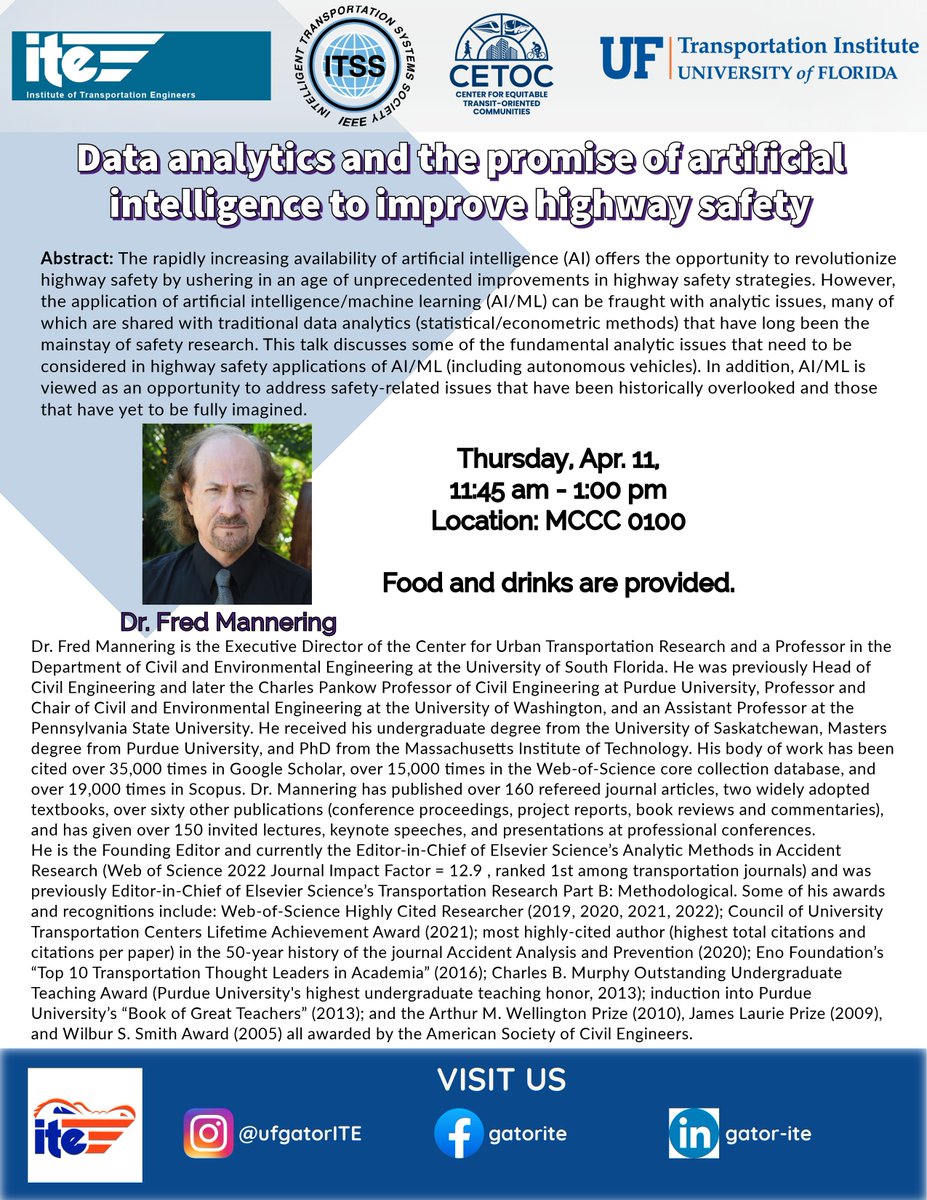 UFTI (@_ufti) on Twitter photo Dr. Fred Mannering from <a href="/CUTRUSF/">CUTR at USF</a> will be at UF on Thursday, April 11 to talk about using data analytics and AI to improve highway safety.
<a href="/xileizhao/">Dr. Xilei Zhao</a> @JacobYan3 <a href="/essie_uf/">UF ESSIE</a> <a href="/UFWertheim/">UF Engineering</a>
#ArtificialIntelligence #Transportation #bigdata #DataAnalytics #highwaysafety #safety Dr. Fred Mannering from <a href="/CUTRUSF/">CUTR at USF</a> will be at UF on Thursday, April 11 to talk about using data analytics and AI to improve highway safety.
<a href="/xileizhao/">Dr. Xilei Zhao</a> @JacobYan3 <a href="/essie_uf/">UF ESSIE</a> <a href="/UFWertheim/">UF Engineering</a>
#ArtificialIntelligence #Transportation #bigdata #DataAnalytics #highwaysafety #safety