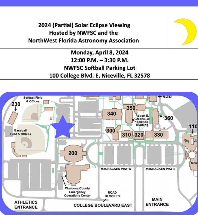 Did you know there will be a solar eclipse on Monday? We'll be hosting a viewing on our Niceville campus starting at 12:00 p.m. Don't miss out, the next one won't be until 2044! See you there 🌙 🌙
