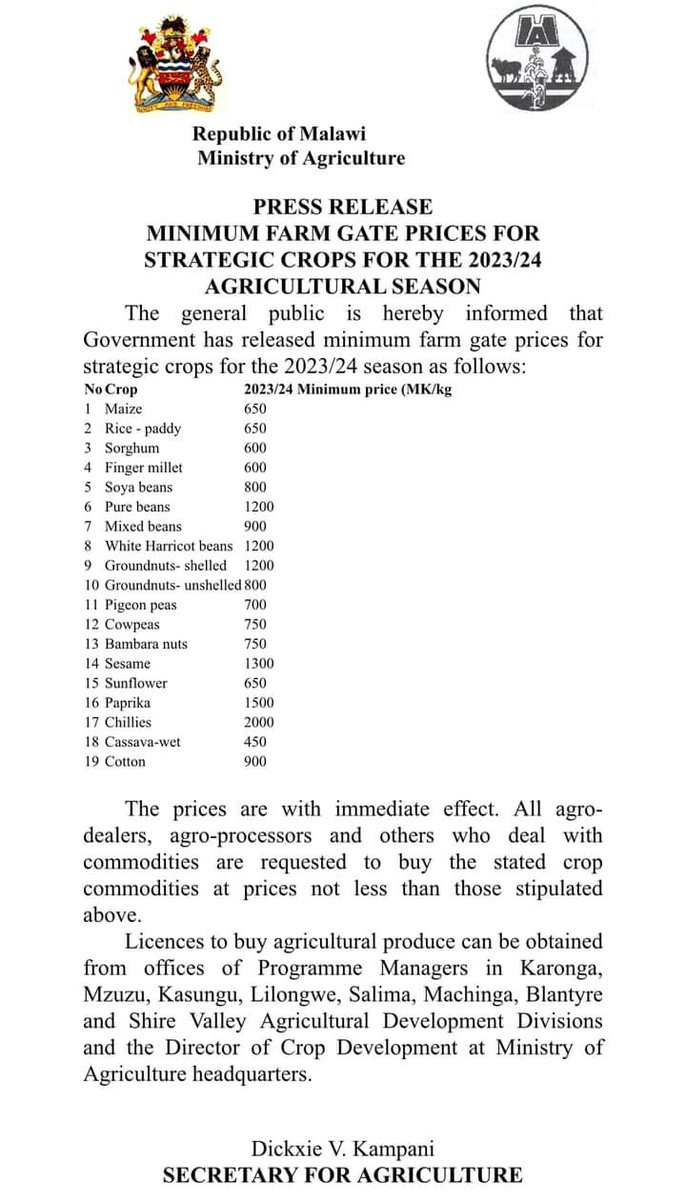 TitukulaneRFSA (@titukulanerfsa) on Twitter photo Malawi government publishes minimum farm gate prices for strategic crops. Malawi government publishes minimum farm gate prices for strategic crops.