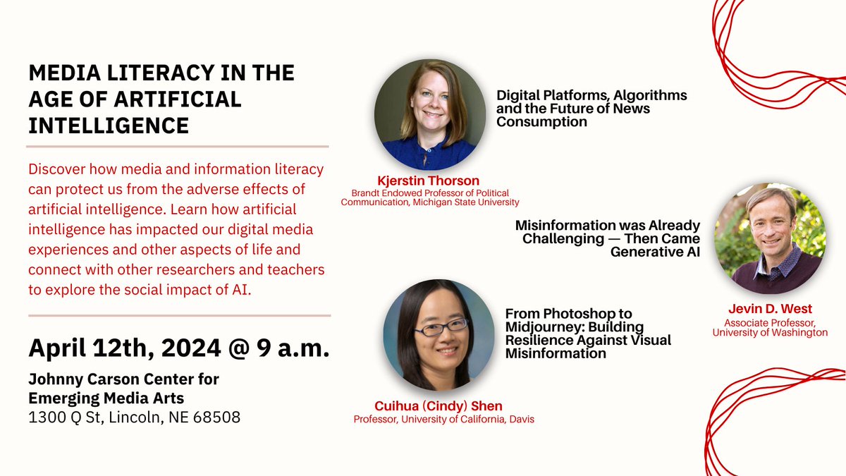 ‼️Don't miss the “Media Literacy in the Age of Artificial Intelligence” symposium on Friday, April 12, from 9 a.m. - 3 p.m. at @carsoncenterunl.💡Discover how AI shapes our digital lives and connect with experts on AI's societal impact.✨Register for free: go.unl.edu/media-lit