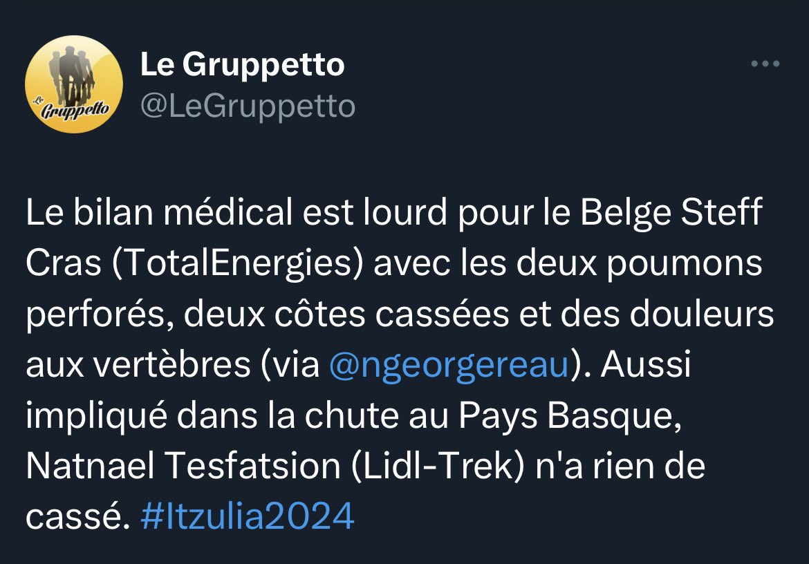 De nouveau une chute dramatique lors du Tour du Pays Basques. Courage aux coureurs et particulièrement à @SteffCras qui est sévèrement touché. 🙏