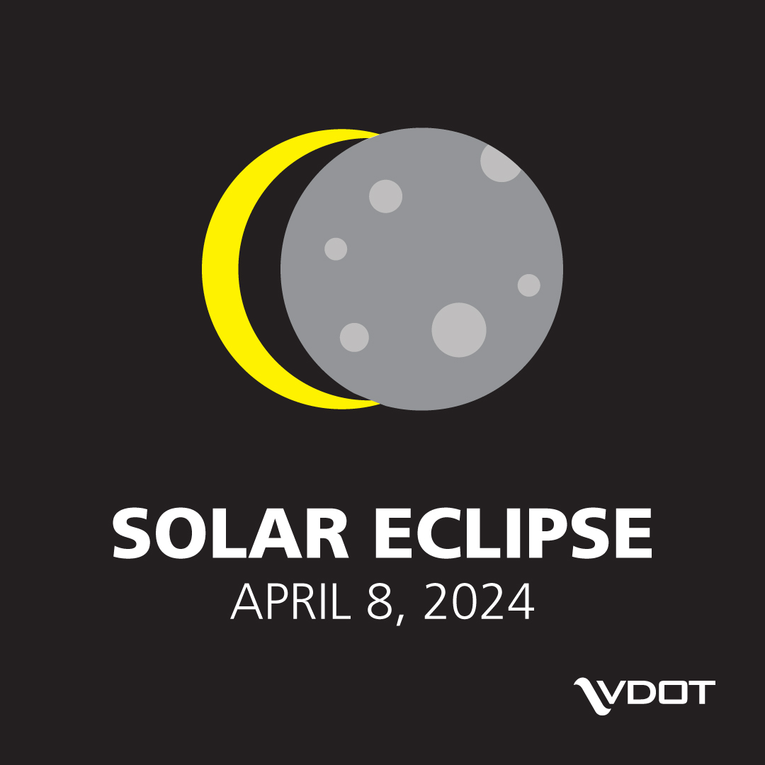 VaDOT's tweet image. Hey, Virginia. Are you ready for a partial social eclipse on April 8? Remember these tips:
Don&apos;t take photos while driving
Don&apos;t wear #eclipse glasses while driving
Don&apos;t parl on the road or shoulders
Headlights on
Traveling to see the eclipse? Arrive early. Stay late. #Eclipse24