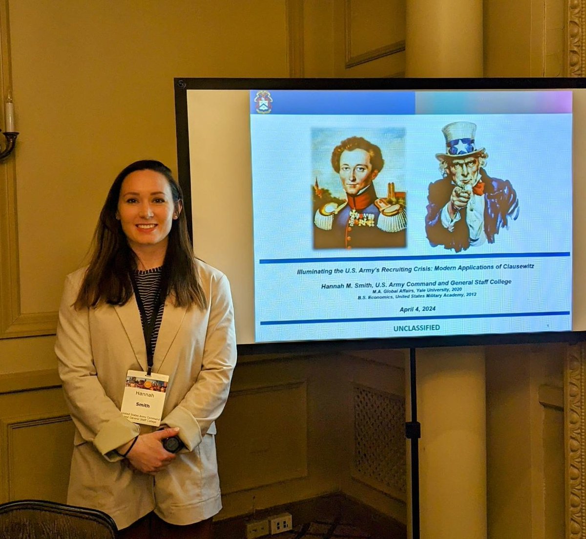 'Illuminating the U.S. Army's Recruiting Crisis: Modern Applications of Clausewitz.' 2024t Scholar MAJ Hannah Smith presents her thesis and findings at the Chicago MPSA conference. Civil-military relations are a critical component of igniting Clausewitz's 'passions of the people'