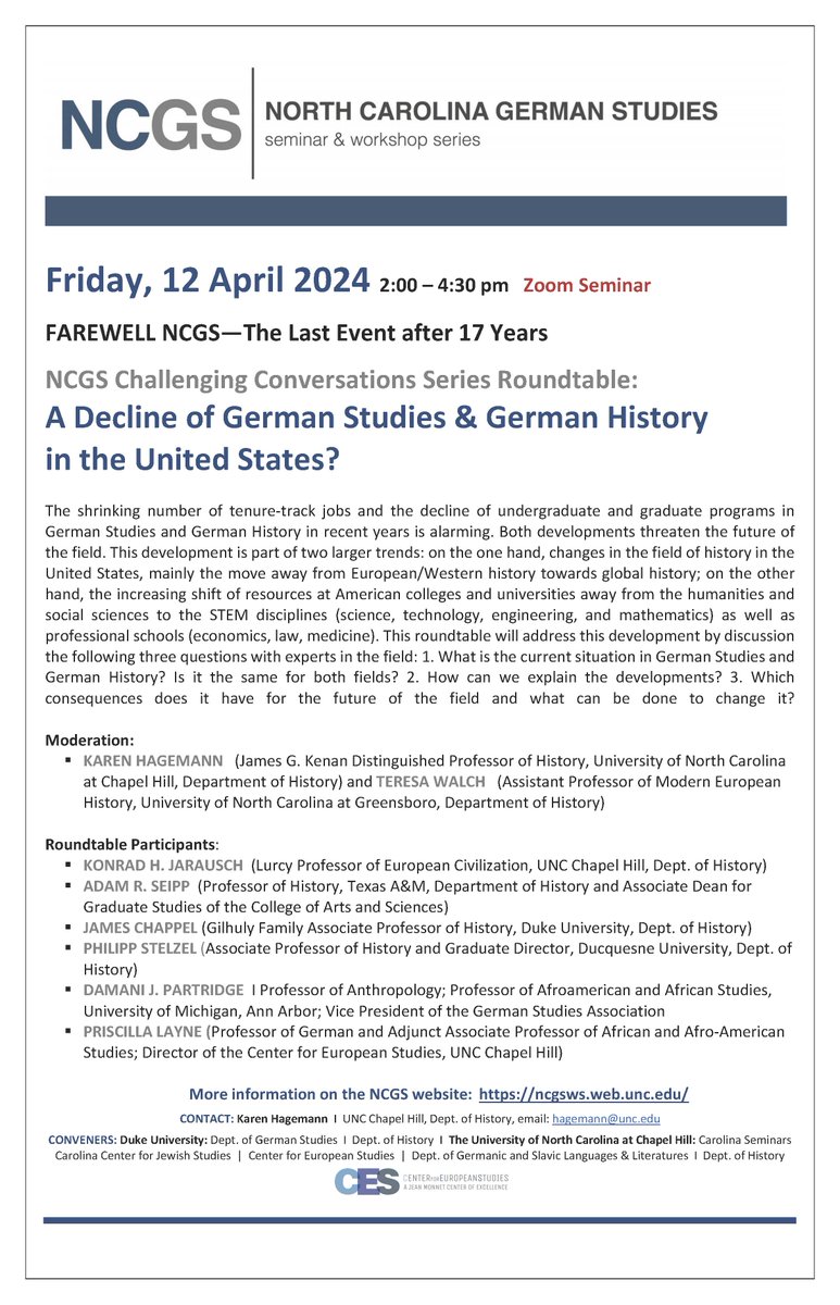 NCGermanStudies's tweet photo. Please see this updated roster for our final NCGS event on Friday, April 12 @ 2:00pm EST. We have a stellar lineup of roundtable participants, and we look forward to this discussion with all of you! https://t.co/PCo8ZHvqLV