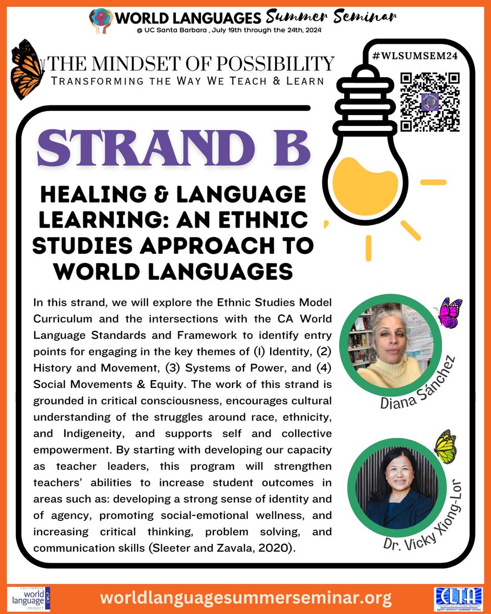 Interested in incorporating identity, history, social justice topics into your WL classes? Join Dr. Vicky Xiong-Lor & Diana Sánchez as they explore the intersection between Ethnic Studies & the CA WL Standards. For more information, please go to worldlanguagesummerseminar.org.