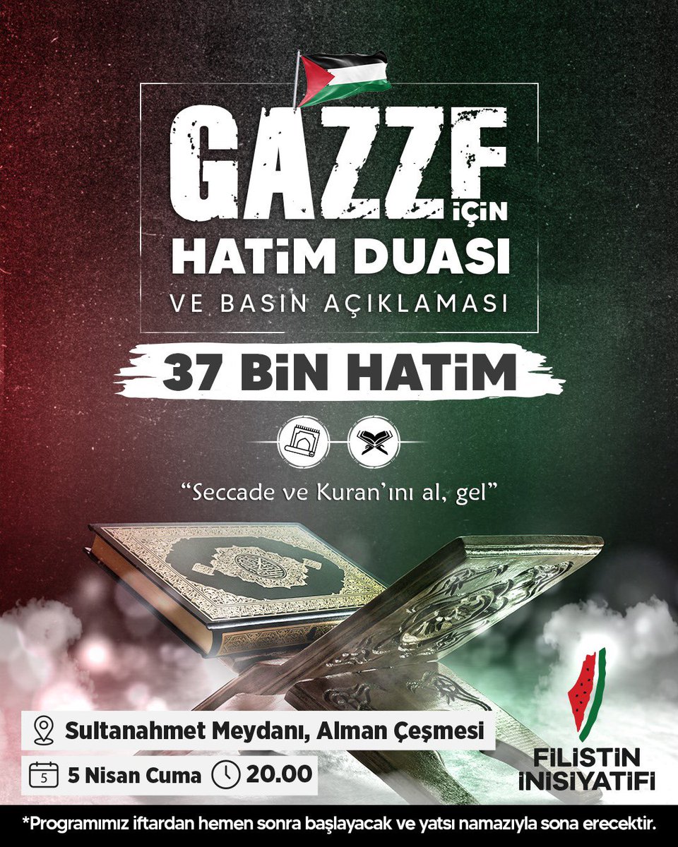 “37 bin Gazzeli şehidimize 37 bin hatim” niyetiyle, Ramazan ayında katılımlarınızla topladığımız hatimlerin duası ve basın açıklaması için 5 Nisan Cuma günü saat 20.00’de sizleri seccadeniz ve Kur’anlarınızla Sultanahmet Meydanı’na bekliyoruz. 🗓️ 5 Nisan 2024 Cuma ⏰ 20.00 📍…