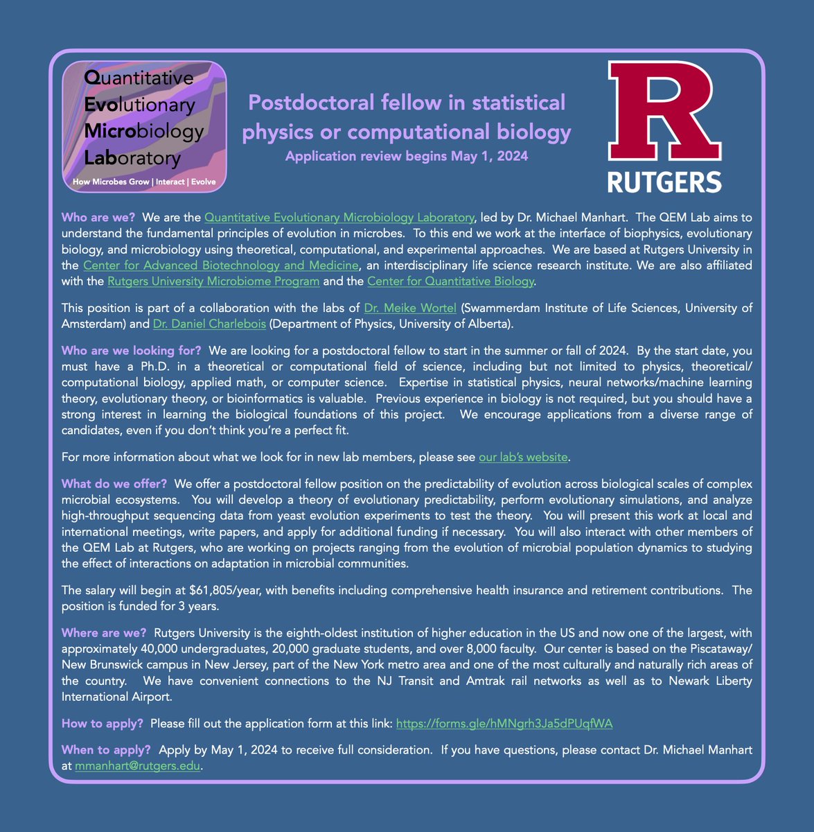 I am recruiting a postdoc in statistical physics, computational biology, or a related field to study the predictability of evolution in microbial communities @RutgersCABM. Please share!
Details: qevomicrolab.org/wp-content/upl…
Apply by May 1 here: forms.gle/hMNgrh3Ja5dPUq…