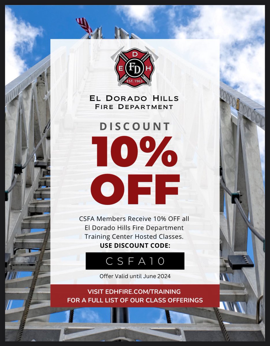 CSFAFIRE's tweet photo. The El Dorado Hills Fire Department offers State Fire Training Courses year-round.
CSFA Members Receive 10% OFF all El Dorado Hills Fire Department Training Center Hosted Classes. Not a member? Join today 👉🏼 https://t.co/d1mkZ4PmOI
#firetraining #csfa #firefighters https://t.co/Az4nEEzeQ4