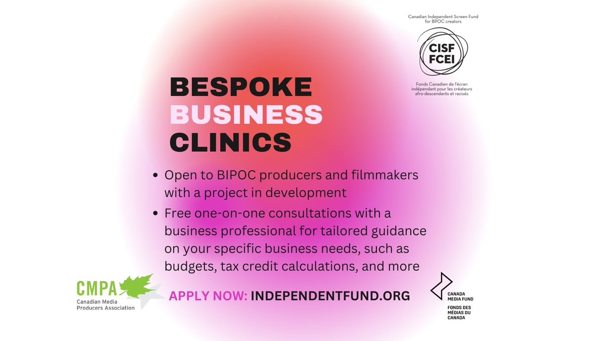 CISF’s Bespoke Business Clinics have started up! If you're a BIPOC creator with a project in development and feeling overwhelmed by business forms or financial calculations, our one-on-one clinics are tailored for you. 

Apply now via the link in our bio. No hard deadline!