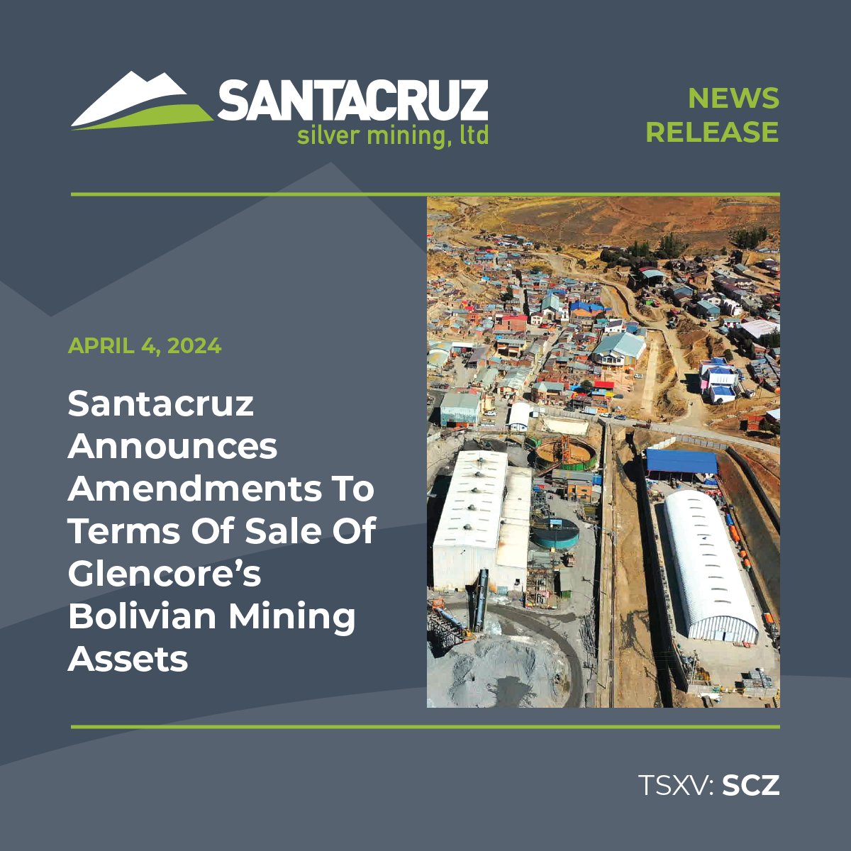 NEWS | #SantacruzSilver is pleased to announce that it has entered into a binding term sheet with @Glencore to amend certain transaction documents in connection with the prior sale by Glencore of its Bolivian mining assets to Santacruz. Read the full news release here ⬇️…