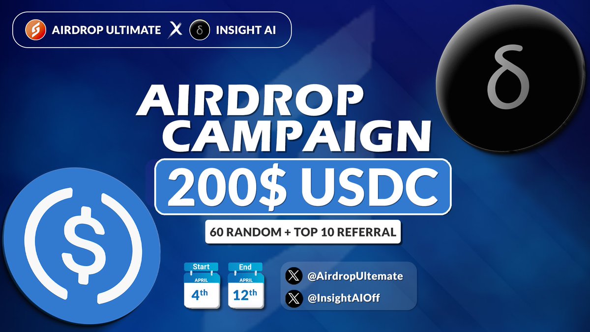 AirdropUltemate's tweet photo. 🥳 Insight AI X Airdrop Ultimate #Airdrop
🏆 Prize Pool «» $200 USDC
✅ Follow @InsightAIOff & @AirdropUltemate
✅ Like, RT & Tag 3 Friends
✅ Complete Airdrop Tasks⤵️
https://t.co/mIFOXuPmEn
⏳ Ends 12th April
#Airdrop #Giveaway #Crypto #LFG #InsightAI #AI #USDC #BITCOIN https://t.co/x303F4W9hY