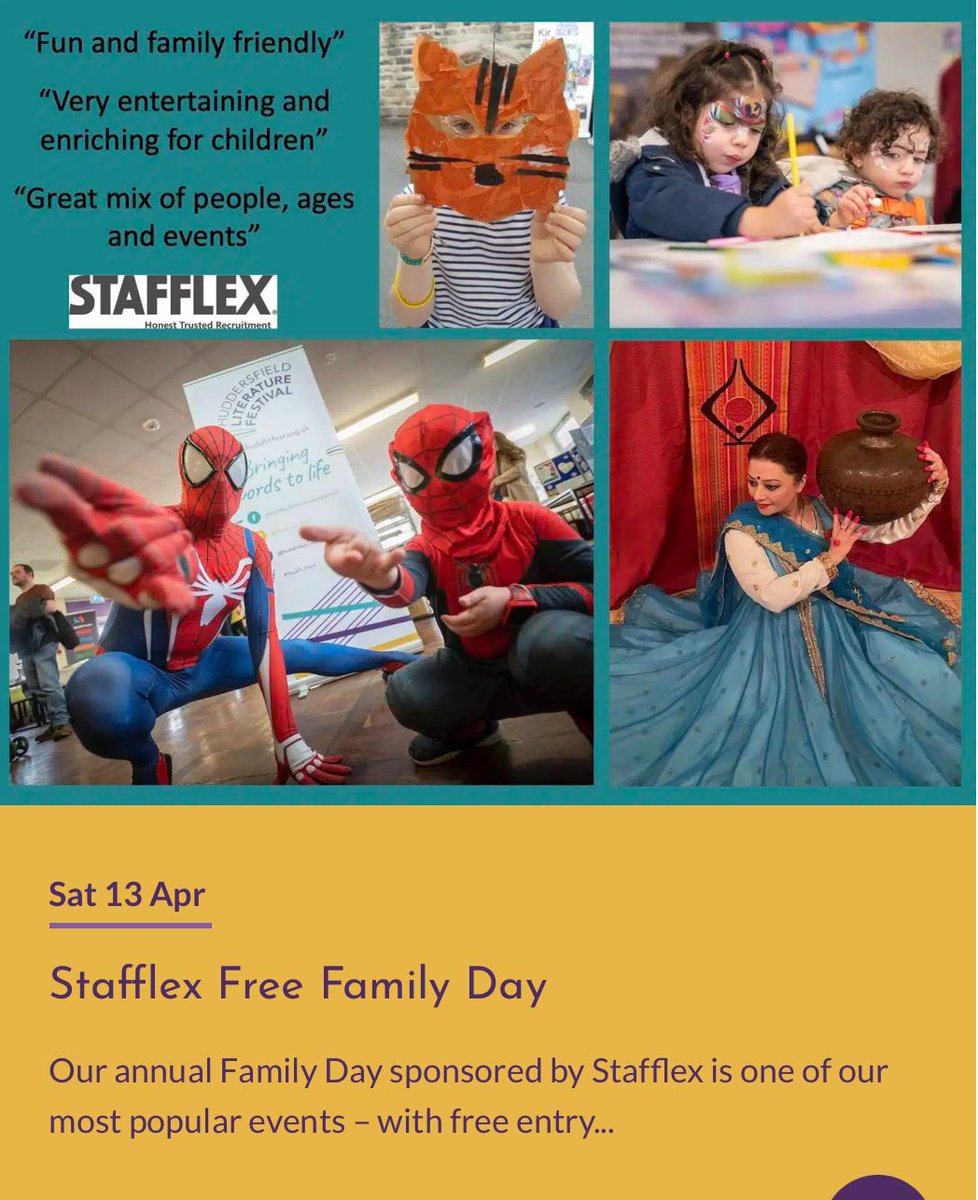 So excited about this event that I am organising for Huddersfield Literature Festival a week on Saturday 11-2pm at North Huddersfield Trust School. Free event for families with entertainments, refreshments, free art workshop, face painting, dancing, games, & more! @Hudd_Lit_Fest