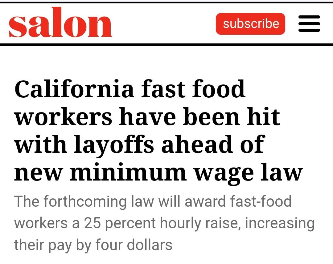 libsoftiktok's tweet photo. California Governor Gavin Newson raised the minimum wage of fast food workers to $20/hour and now companies are doing massive layoffs some have to shut down.

Democrat policies never fail to hurt American workers. https://t.co/l7BfoRePcU