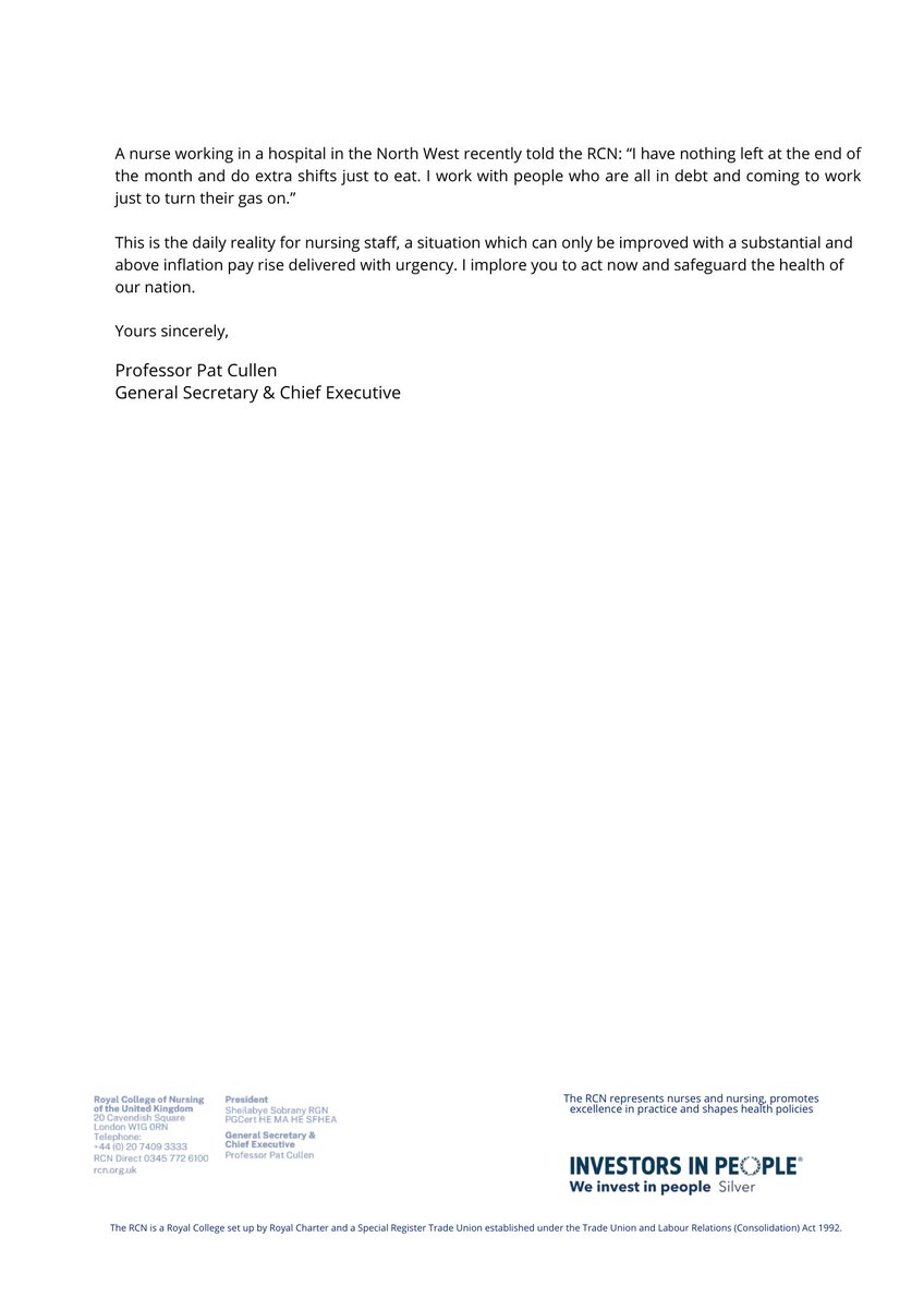 On national TV, the Prime Minister claimed to have 'resolved' the nursing pay dispute. This is untrue. We remain in a formal trade dispute and the government is late with its award for this year. A letter from @patcullen9 to PM @RishiSunak. 👇