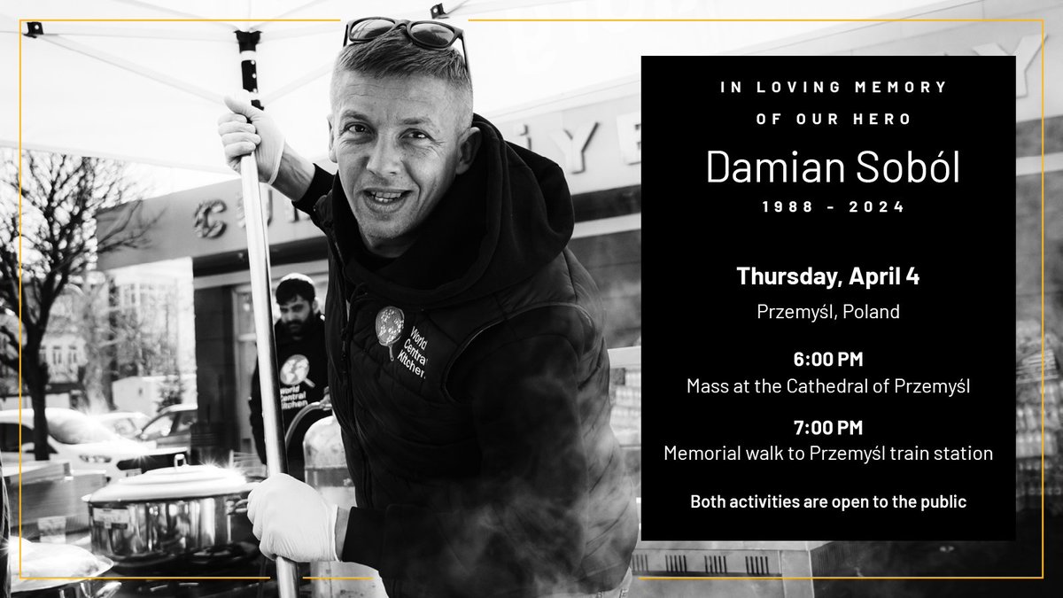 The community of Przemyśl, Poland has come together to organize a local memorial on Thursday, April 4 to honor WCK hero Damian Soból. Both the mass &amp; memorial walk are open to the public—all are welcome to attend &amp; pay tribute to Damian. Please see the infographic for details.